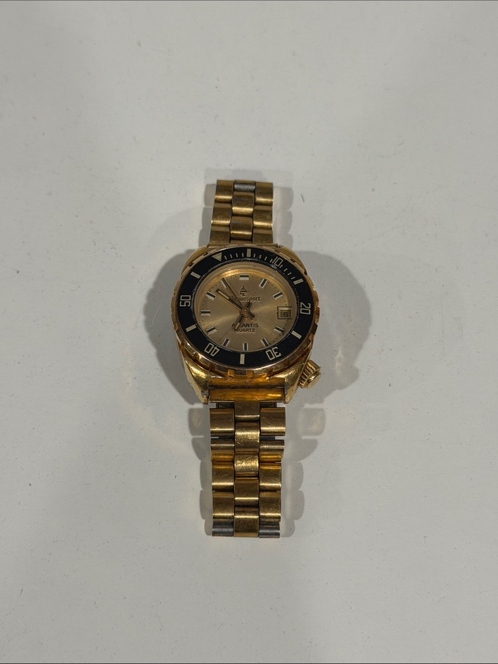 Chronosport Atlantis Gold Tone Diver Style Wristwatch with Black Bezel